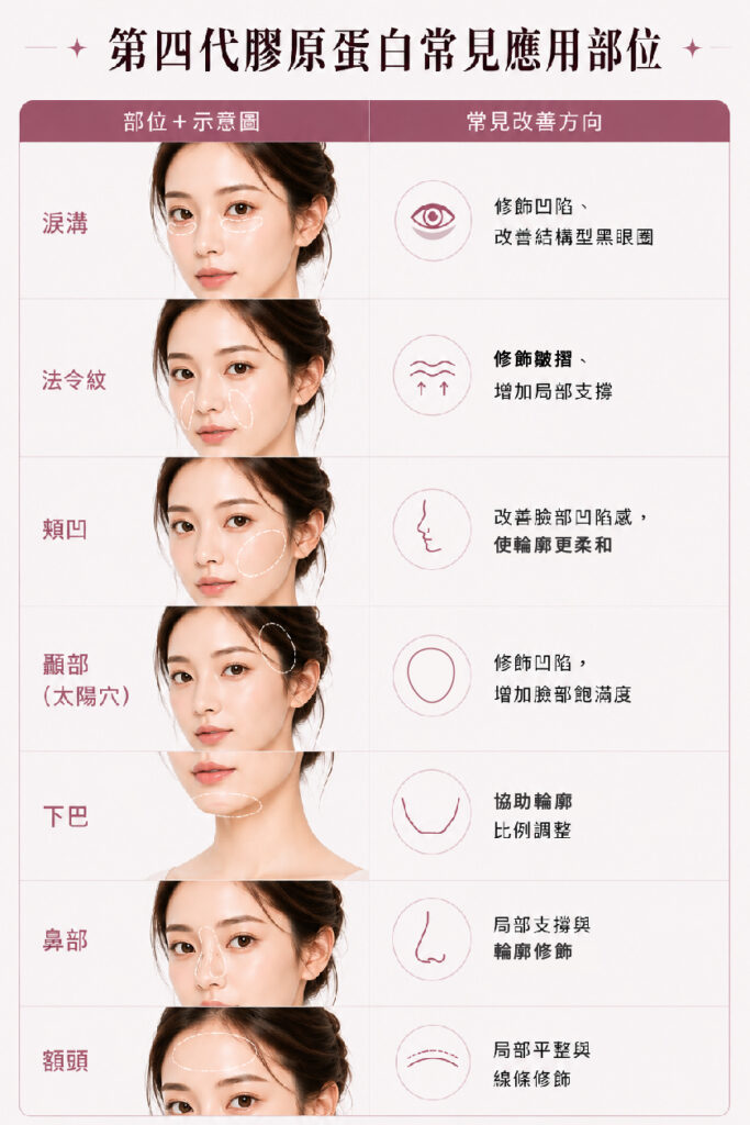 淚溝
修飾凹陷、改善結構型黑眼圈
法令紋
修飾皺摺、增加局部支撐
頰凹
改善臉部凹陷感，使輪廓更柔和
顳部（太陽穴）
修飾凹陷，增加臉部飽滿度
下巴
協助輪廓比例調整
鼻部
局部支撐與輪廓修飾
額頭
局部平整與線條修飾
